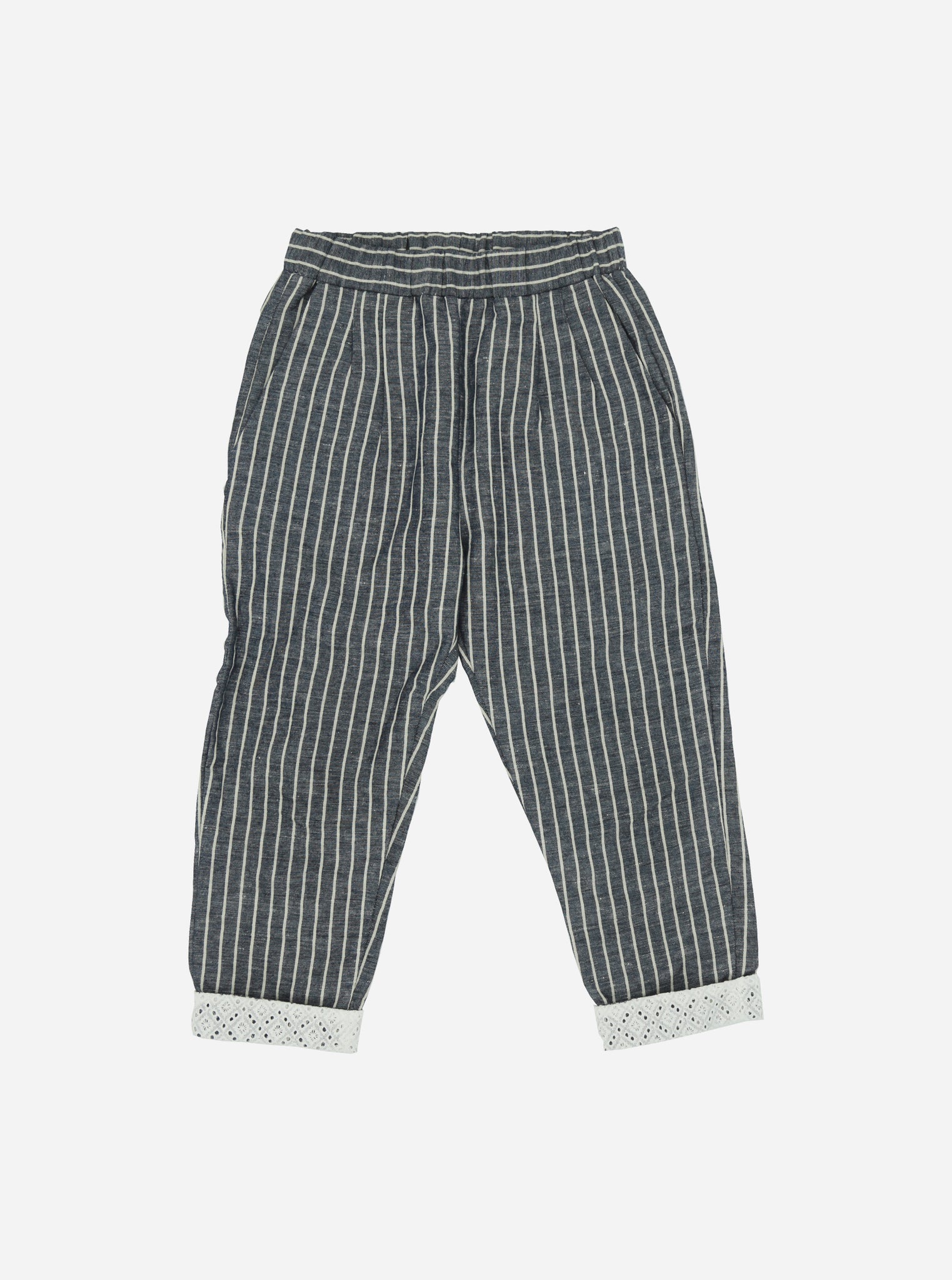 Pantalone rigato ARIANNA con dettagli in sangallo-OUTLET Pantaloni e Shorts-I Leoncini Shop